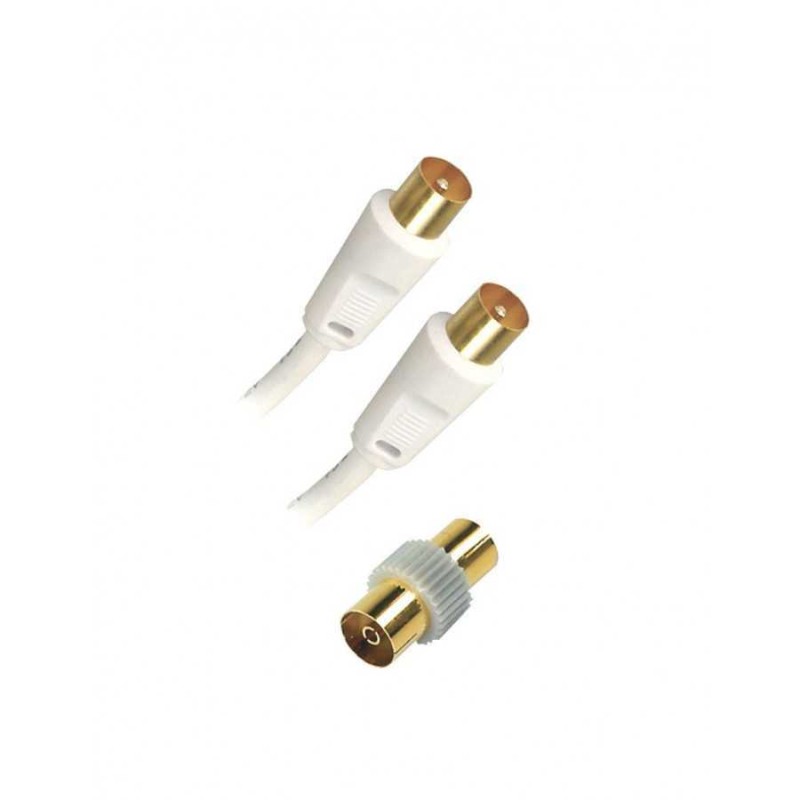 CORDON TV MÂLE/MÂLE 9,52MM BLANC 2M + ADAPTATEUR FEMELLE