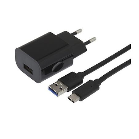 Chargeur Secteur USB A + Câble USB A / USB C - 1M - Noir - APM