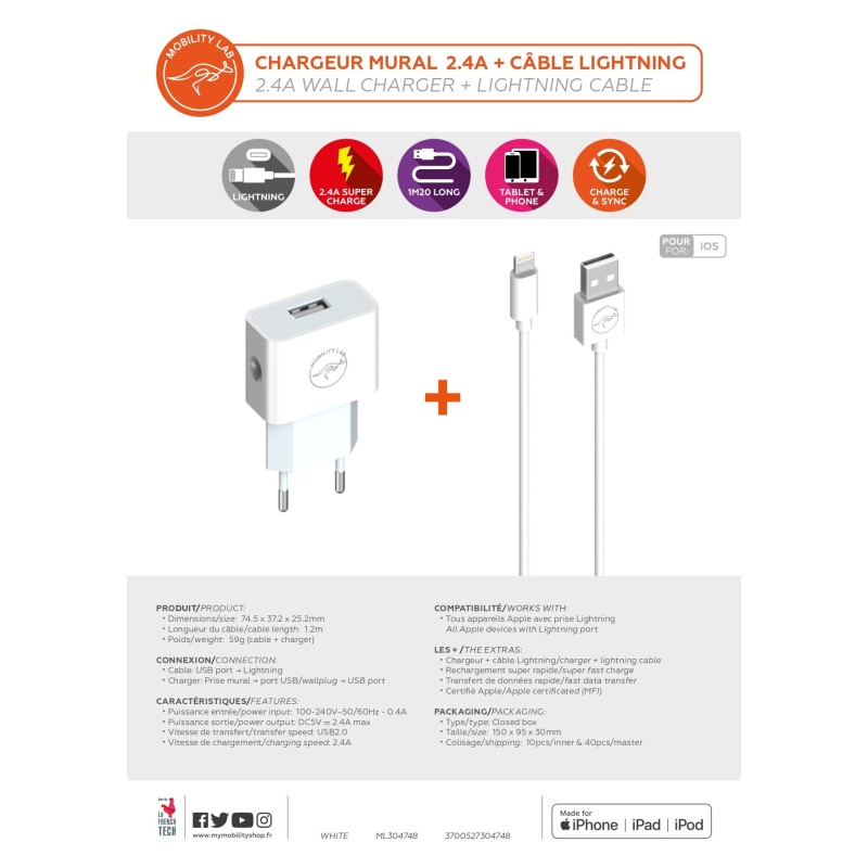 CHARGEUR MURAL 2,4A + CABLE LIGHTNING