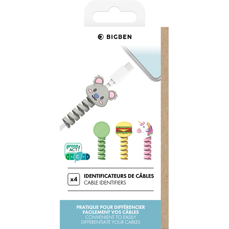 Pack de 4 identifcateurs de câble Licorne + Koala + Burger + Vert Bigben