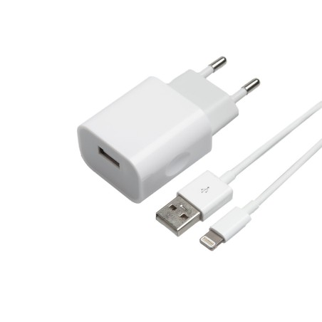 CHARGEUR SECTEUR 1 USB 2.4A BLANC + CABLE LIGHTNING MFI 2M BLANC