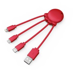 Xoopar - OCTOPUS Recyclé - Câble Multi Rouge - USB - USB-C - micro-USB - câble multiconnecteur