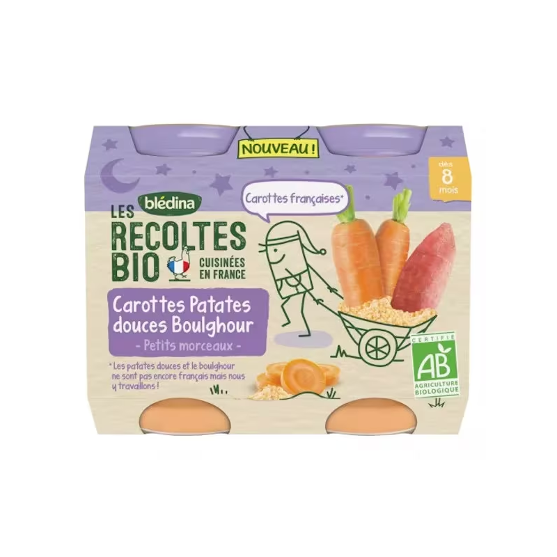 Blédina Les Récoltes Bio Pot Carottes Patates Douces Boulghour +8m 2 x 200g