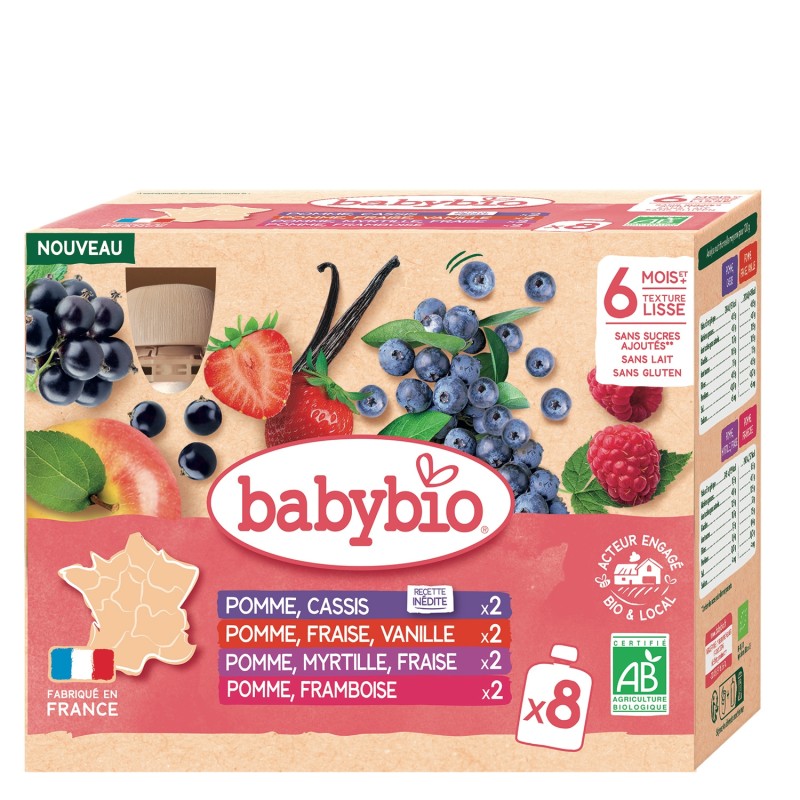 BABYBIO Compotes Gourde Bébé dès 6 mois Pomme Cassis Fraise Vanille Myrtille Framboise