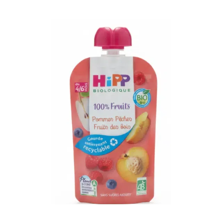 Hipp Bio 100% Fruits Pommes Pêches Fruits des Bois dès 4/6 Mois