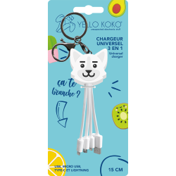 Câble 3 en 1 USB A/micro USB & USB C & Lightning 0.15m Chien Yello Koko