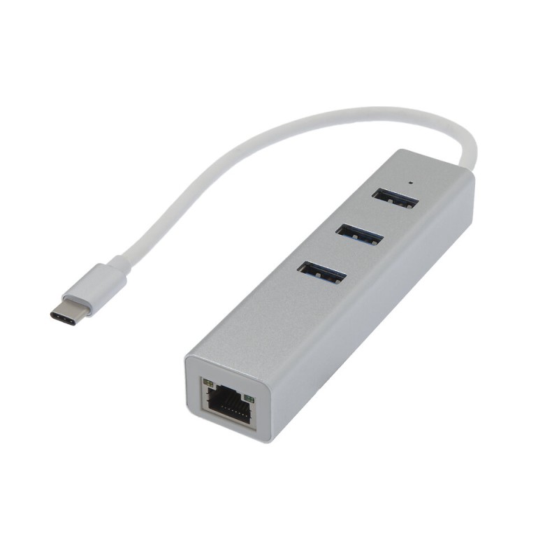 HUB USB 3.0 TYPE-C VERS 3 USB-A+RJ45 GIGABIT MÂLE/FEMELLE METAL GRIS