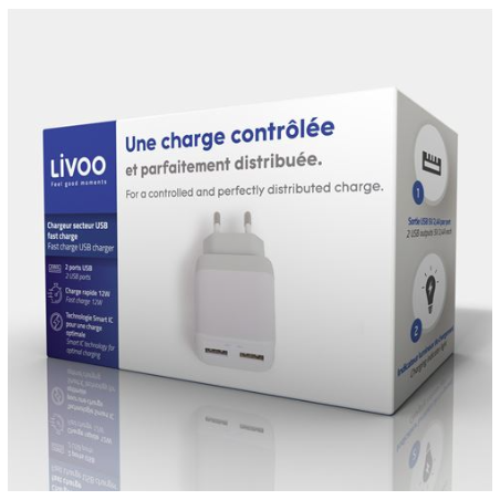 Chargeur secteur - 2 USB A - Blanc - Livoo