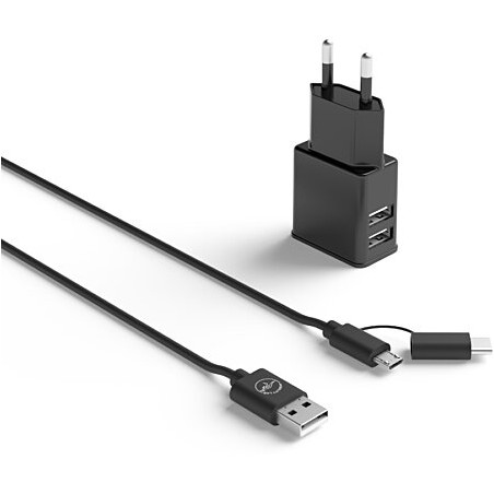 Pack Câble et Chargeur - 2 USB A + Câble (USB-A - Micro USB / USB-C) - Noir - Mobility Lab